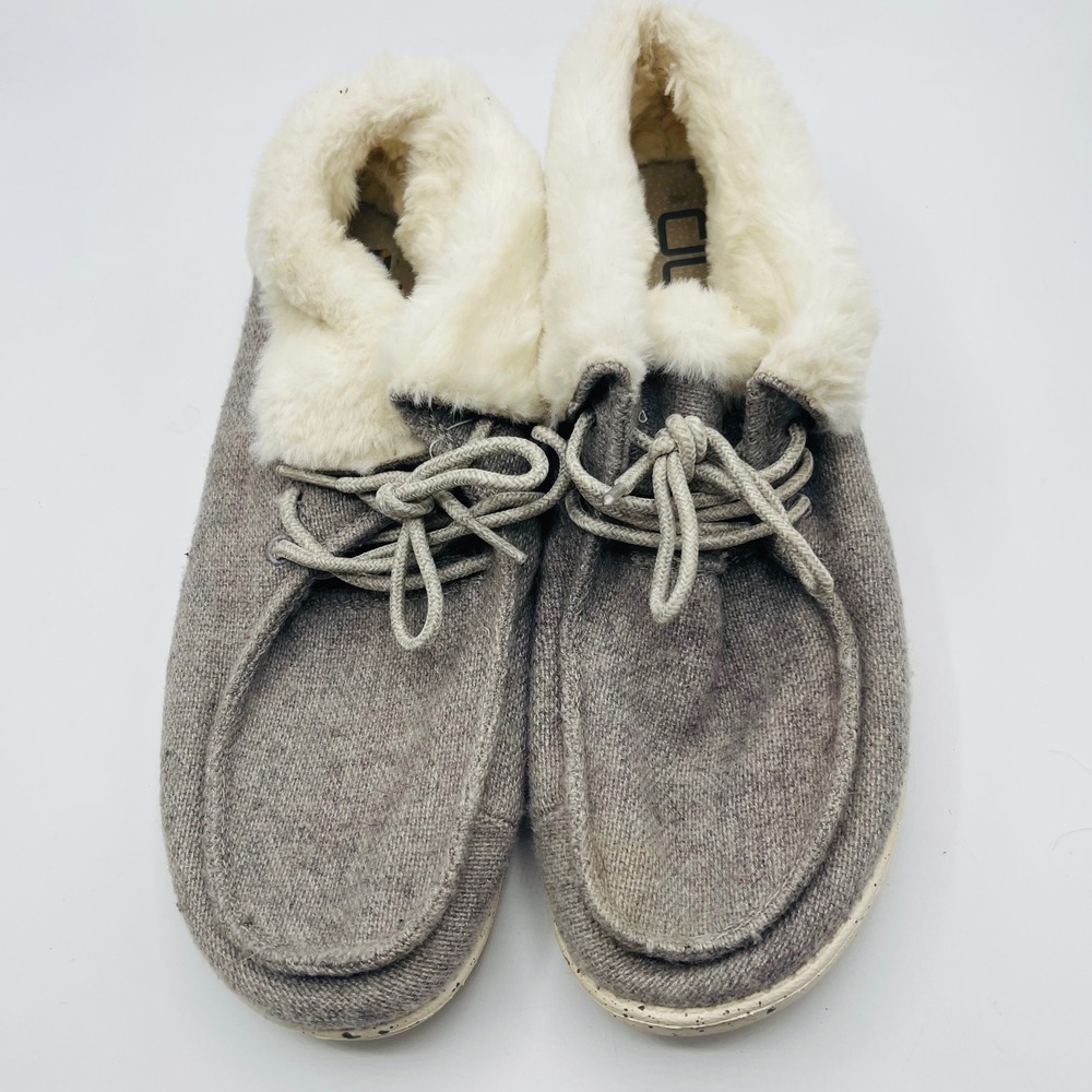 Hey Dude Britt Charcoal Women 8 Grey Faux Fur Lined Wool Blend Ankle Booties
